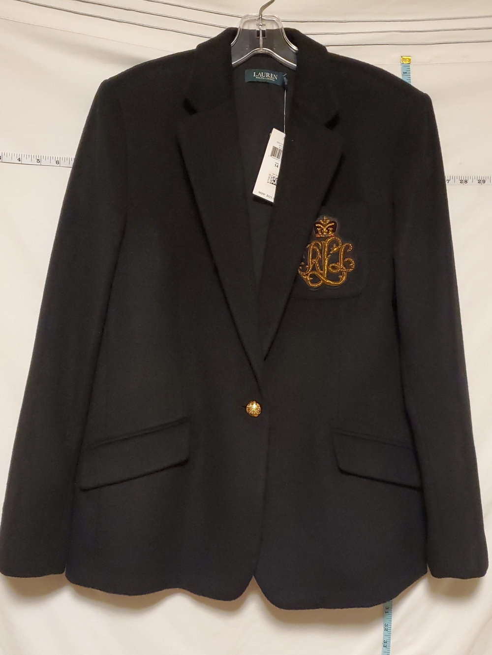 Lauren Ralph Lauren Black Wool Blend Blazer Gold Crest 14 Academia Quiet Luxury